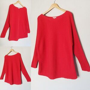 Eileen Fisher Red Boat Neck Ribbed Knit Dolman Slv Sweater L Organic Cotton Silk